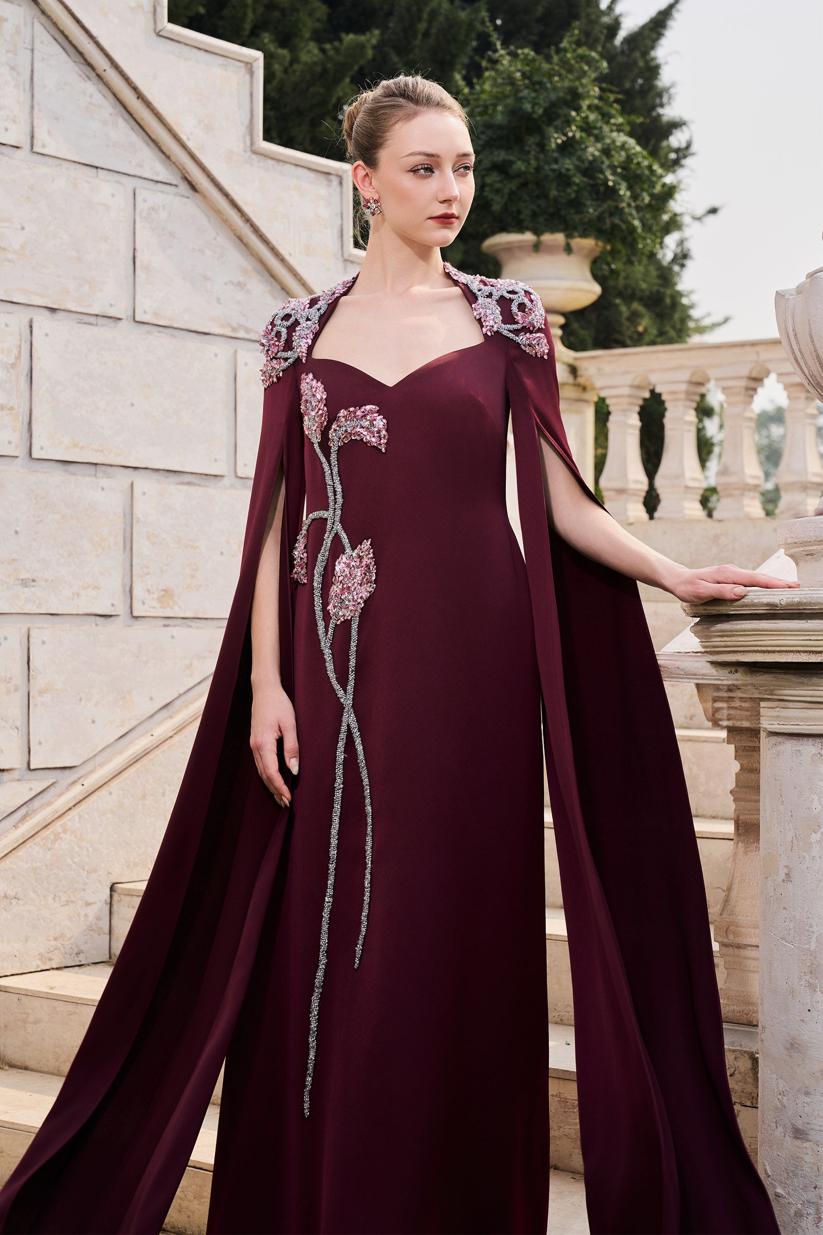autumn evening dress Women's Autumn Cape Sleeve Maxi Dress Burgundy XS/S/M/L/XL/XXL/Customize MEAN BLVD Burgundy / Customize