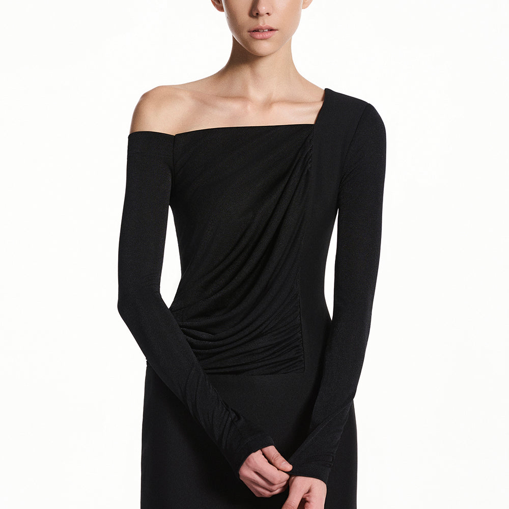 Ena Asymmetric Neck Draped Maxi Dress