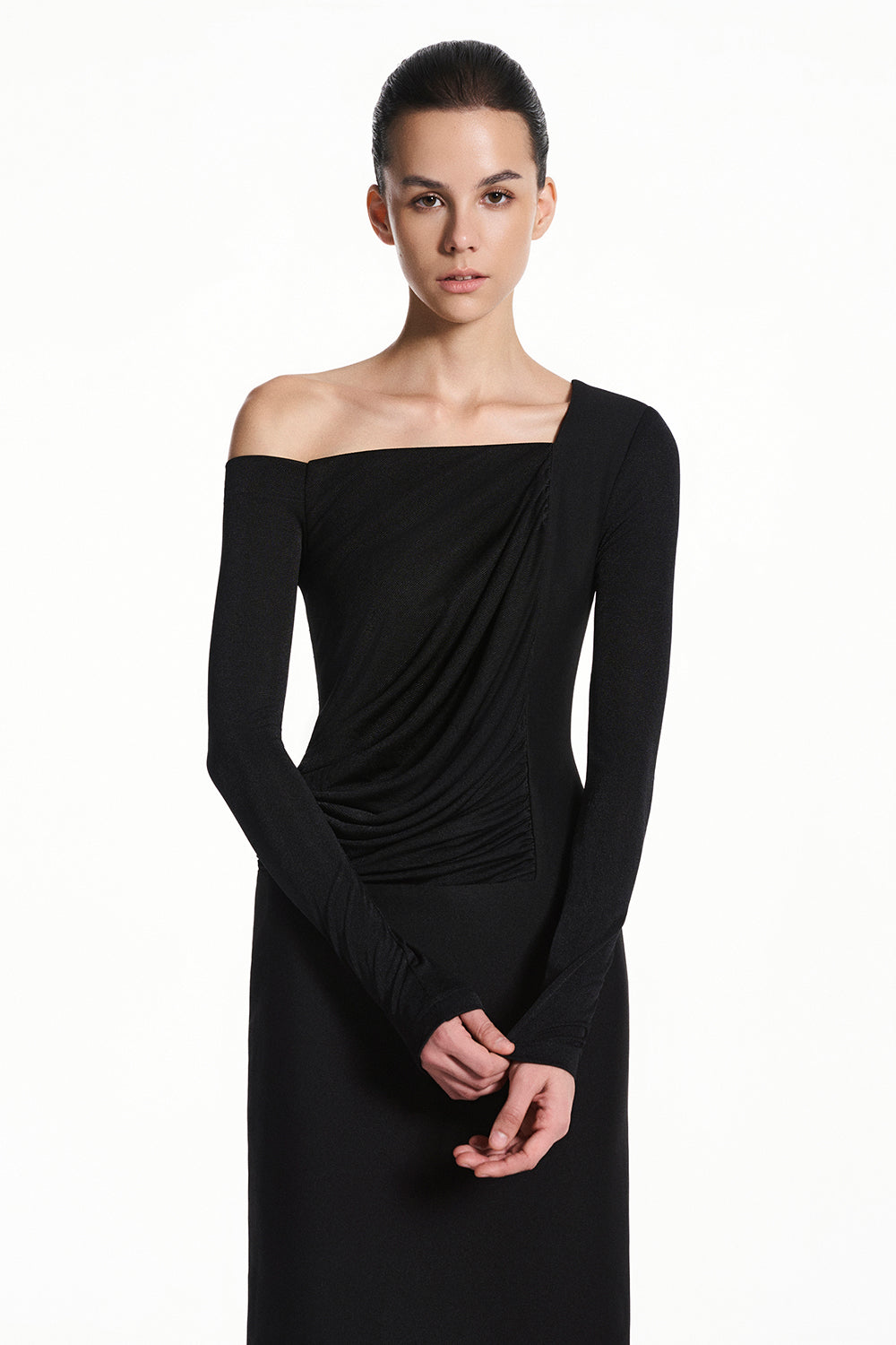 Ena Asymmetric Neck Draped Maxi Dress