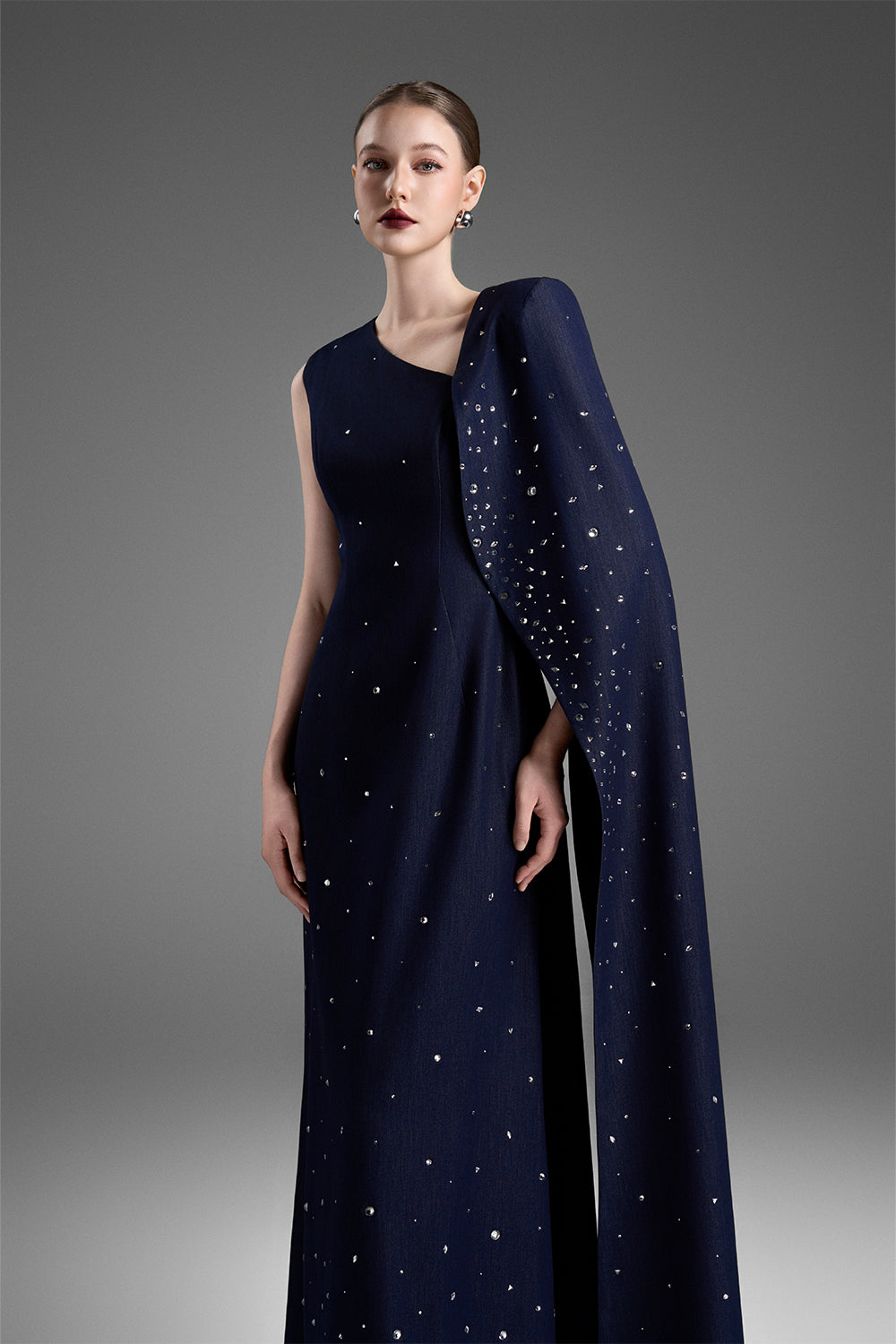 Lucia Asymmetric Neck Rhinestones Maxi Dress