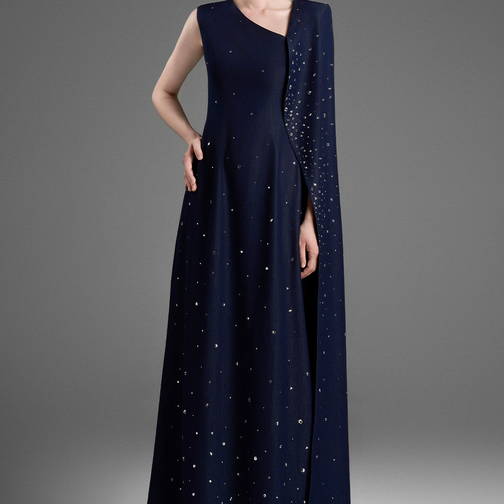 Lucia Asymmetric Neck Rhinestones Maxi Dress