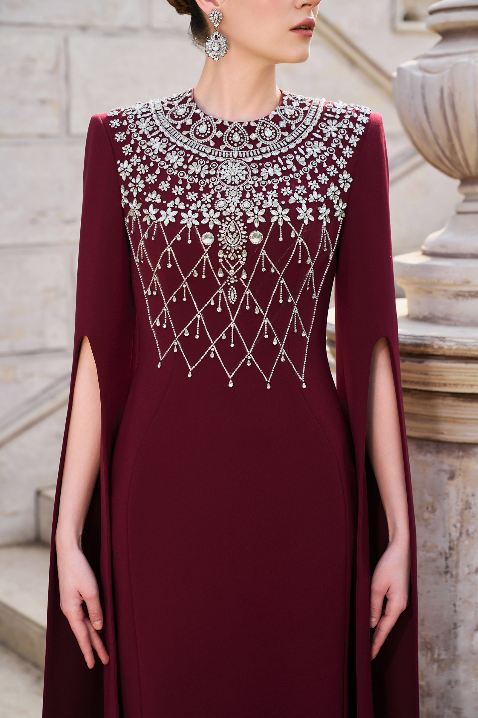 formal dress with cape pattern Cape-Sleeve Open-Back V-Neck Long Formal Dress 4265 Navy / XSmall