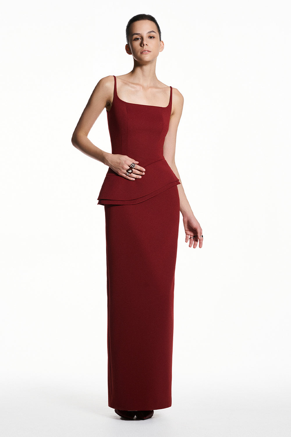 red peplum maxi dress Ophelia Peplum Satin Maxi Dress / Red | MESHKI