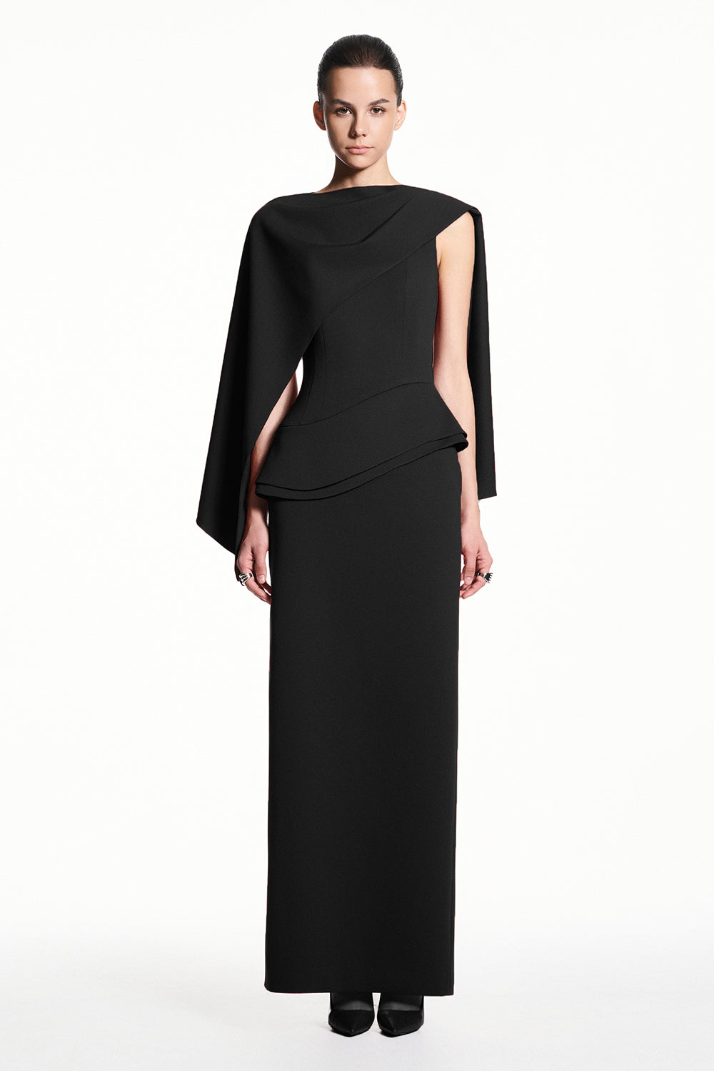 womens black peplum dress POPPY PEPLUM MIDI DRESS in BLACK
