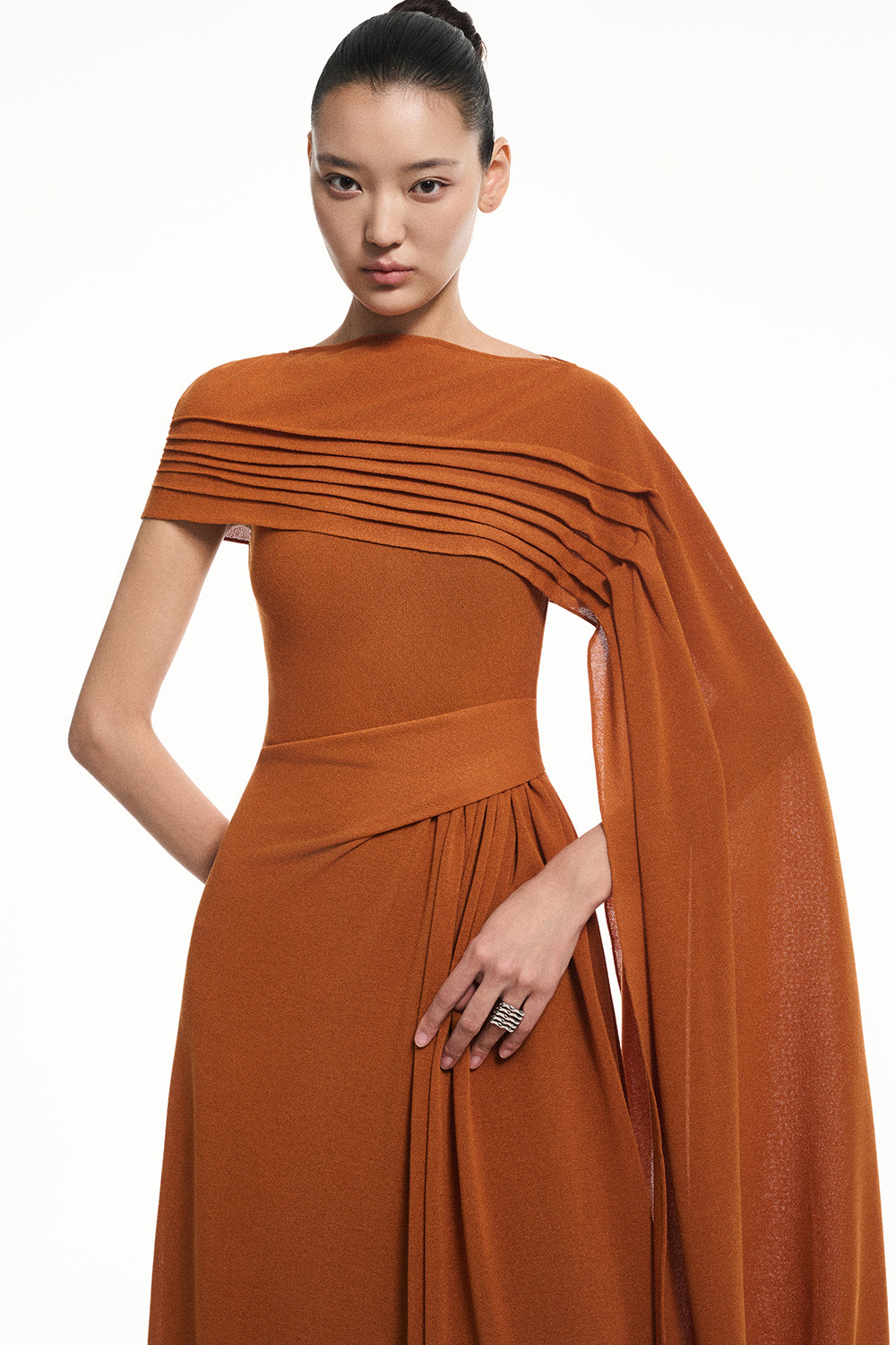 Brisa Asymmetric Sleeve Pleated Maxi Dress