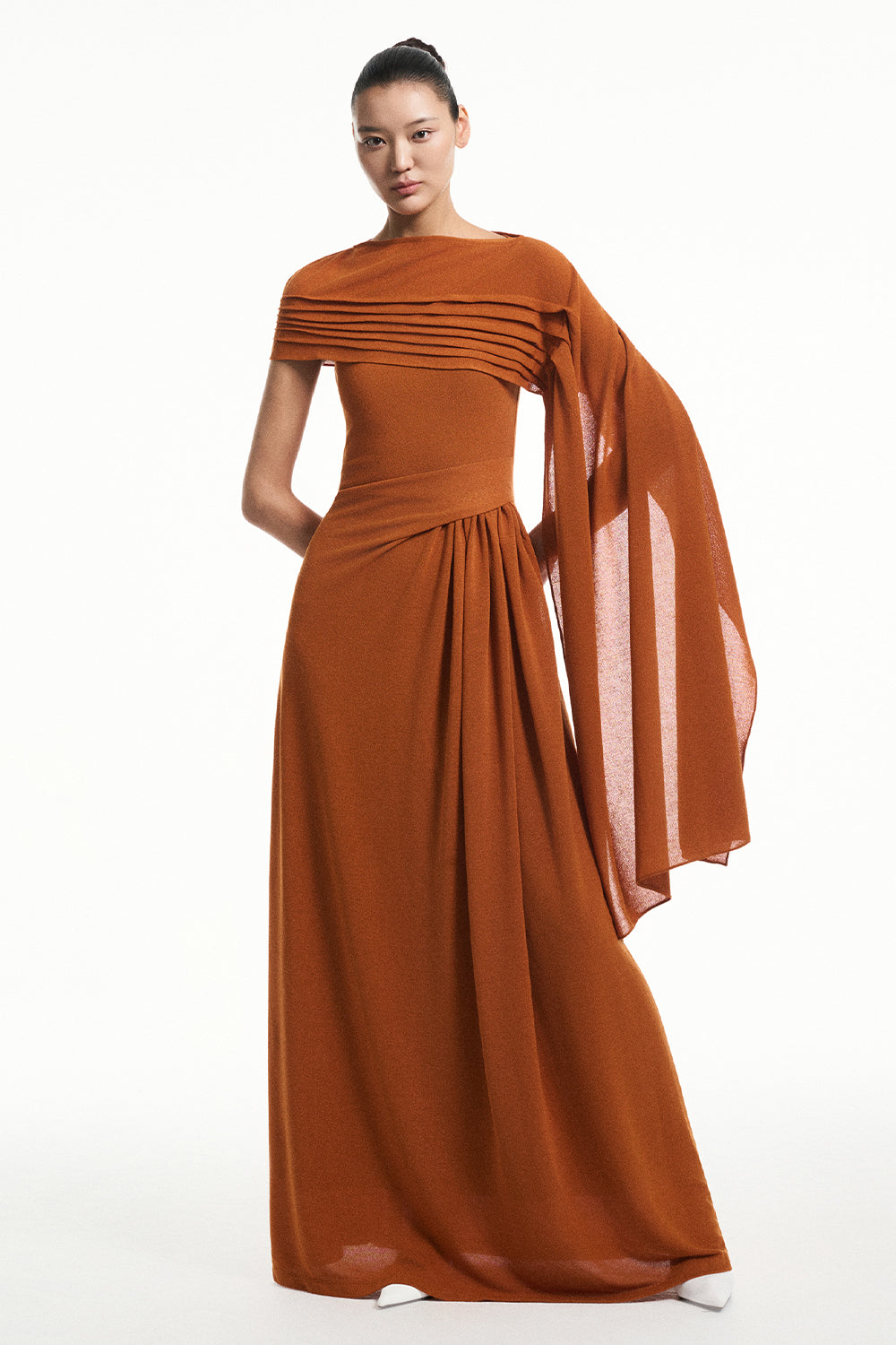 Brisa Asymmetric Sleeve Pleated Maxi Dress