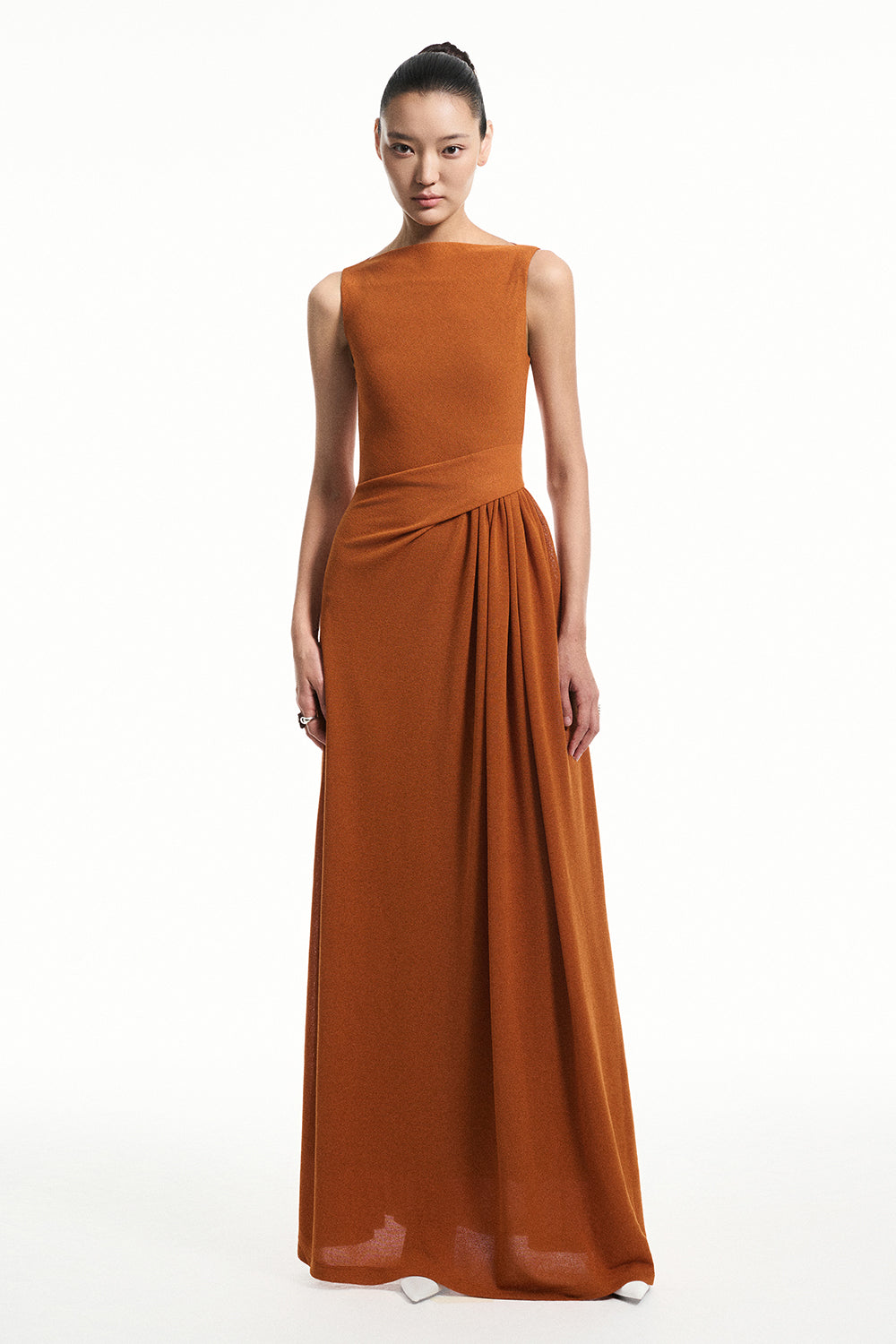 Brisa Asymmetric Sleeve Pleated Maxi Dress
