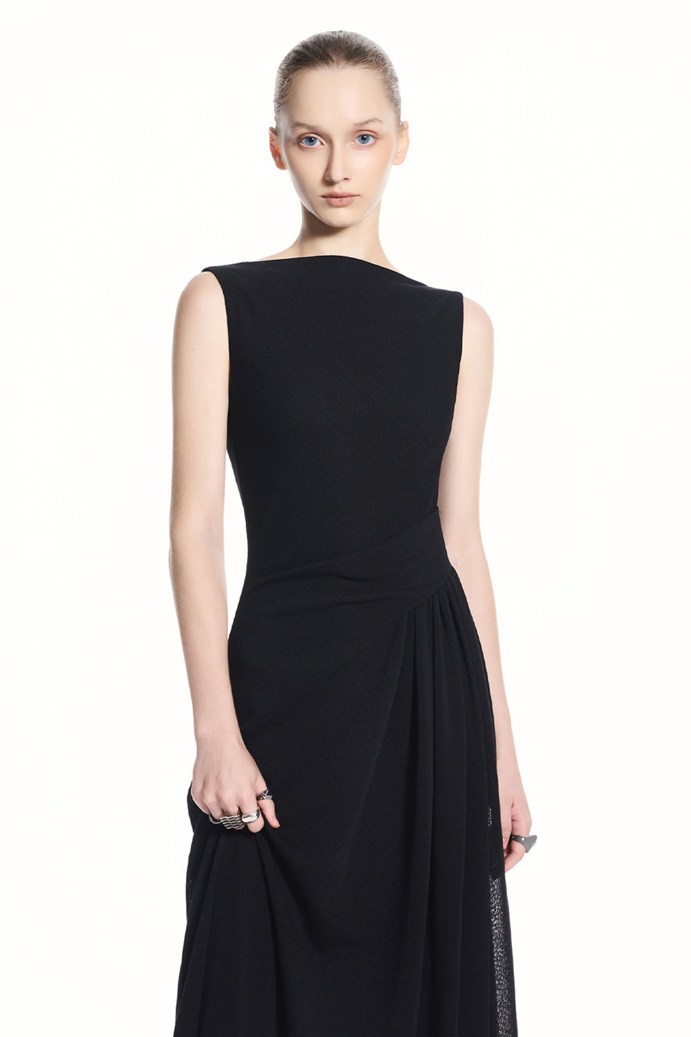 Brisa Asymmetric Sleeve Pleated Maxi Dress