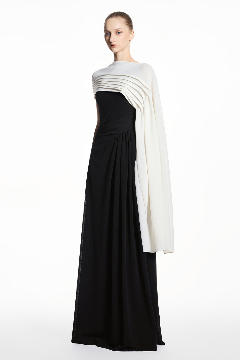 Brisa Asymmetric Sleeve Pleated Maxi Dress