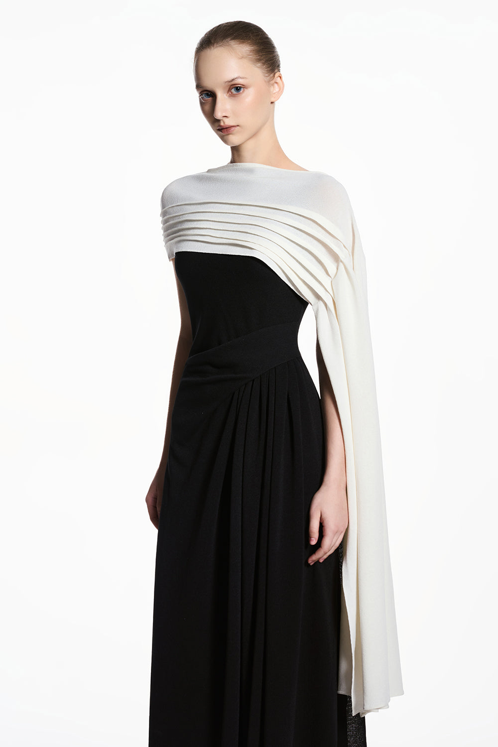 Brisa Asymmetric Sleeve Pleated Maxi Dress