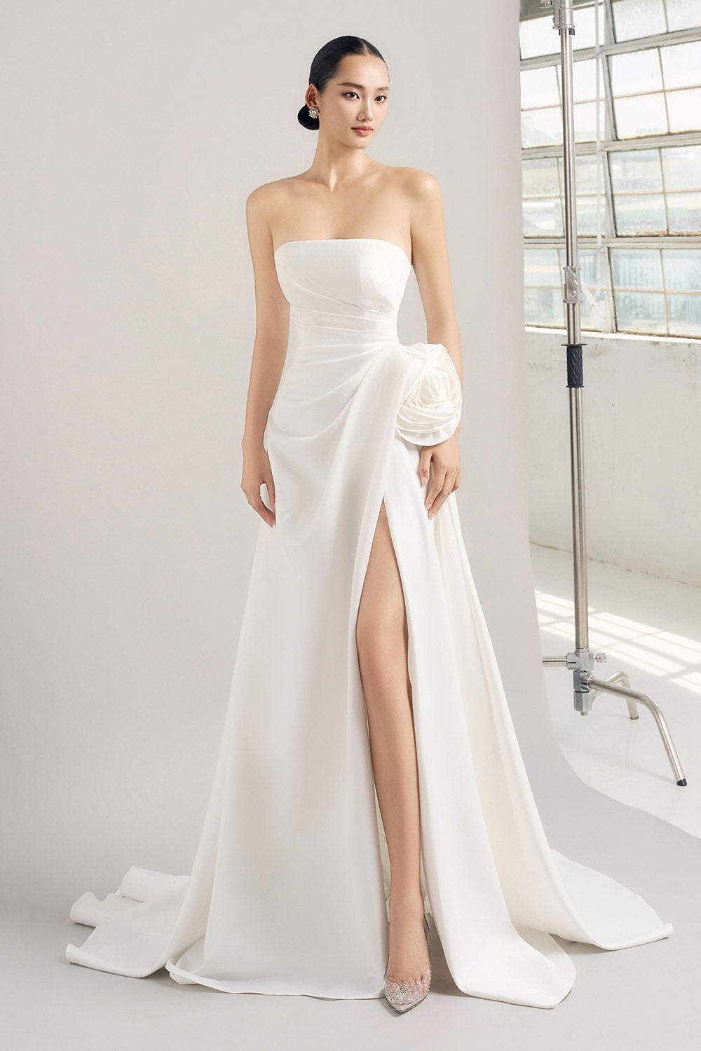 Curry Slit Straight Across Neck Silk Floor Length Dress