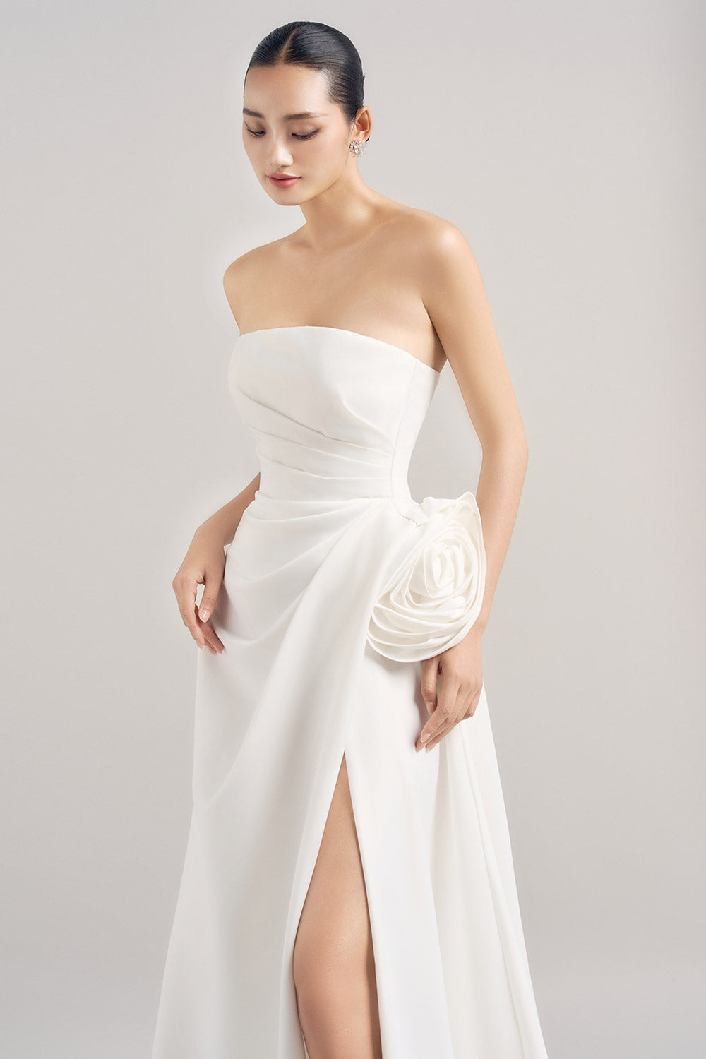 Curry Slit Straight Across Neck Silk Floor Length Dress