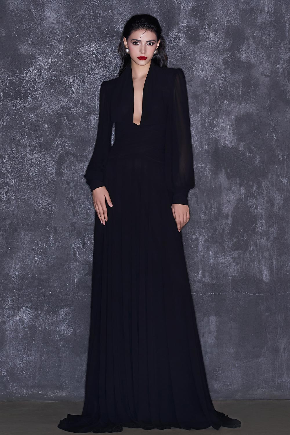 Beatrice Fit and Flare Plunge Neck Chiffon Floor Length Dress