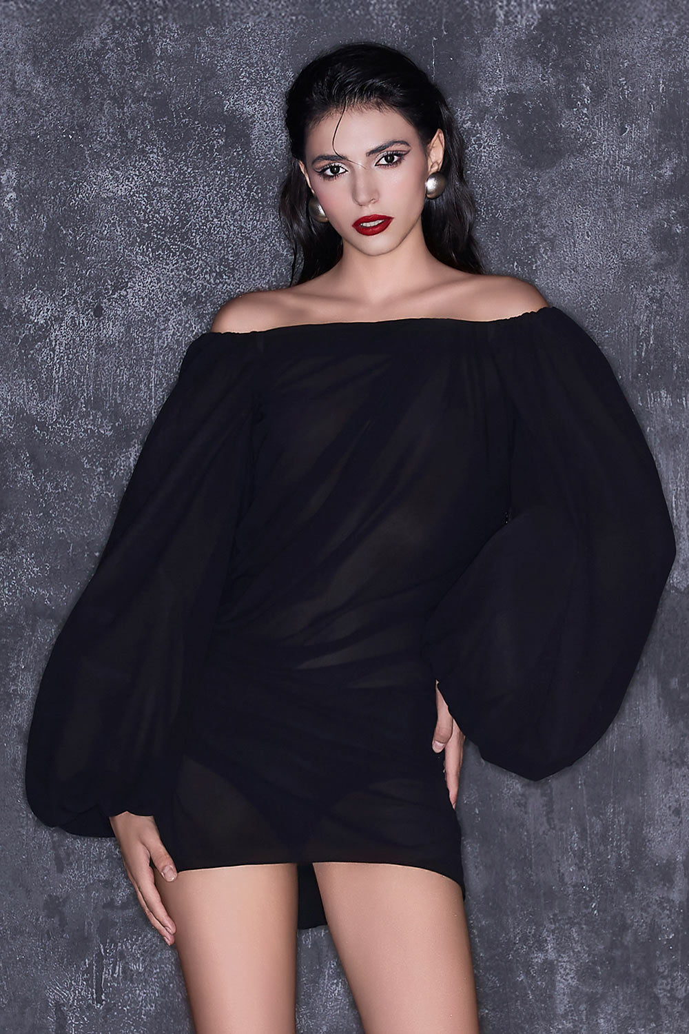 Meredith Blouson Bouffant Sleeved Chiffon Mini Dress