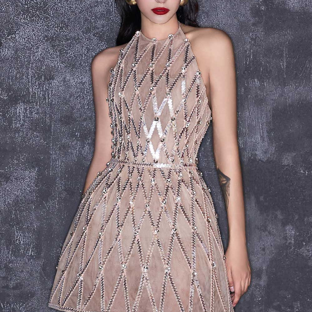 Women's Marilyn A-line Halter Neck Mesh Mini Dress Customize Cream/Grey MEAN BLVD Women's Marilyn A-line Halter Neck Mesh Mini Dress Customize Cream/Grey MEAN BLVD