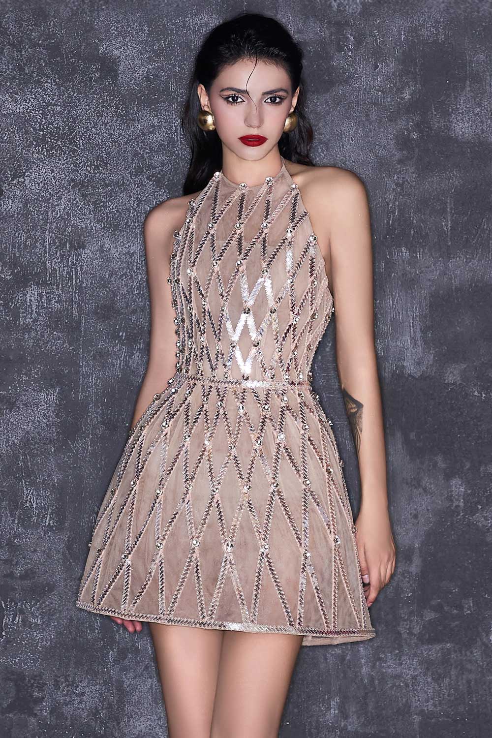 Women's Marilyn A-line Halter Neck Mesh Mini Dress Customize Cream/Grey MEAN BLVD Women's Marilyn A-line Halter Neck Mesh Mini Dress Customize Cream/Grey MEAN BLVD