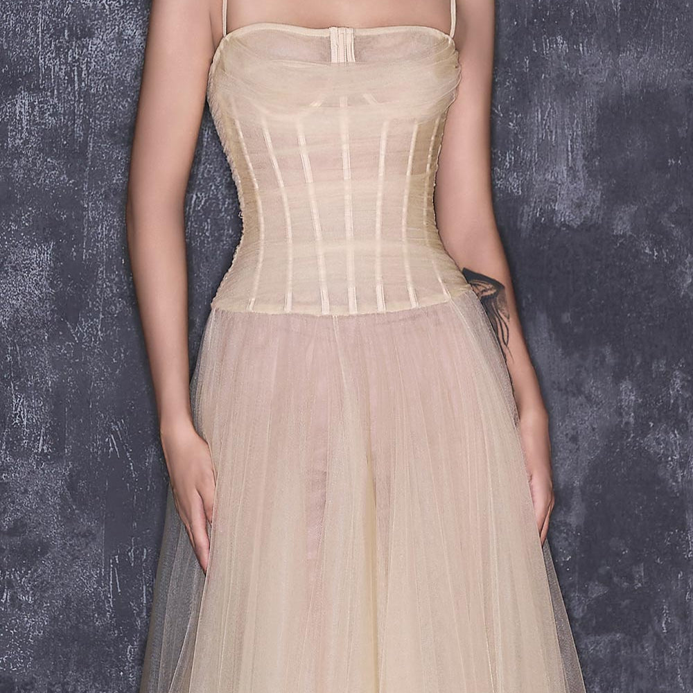 Halo Fit and Flare Spaghetti Strap Mesh Floor Length Dress