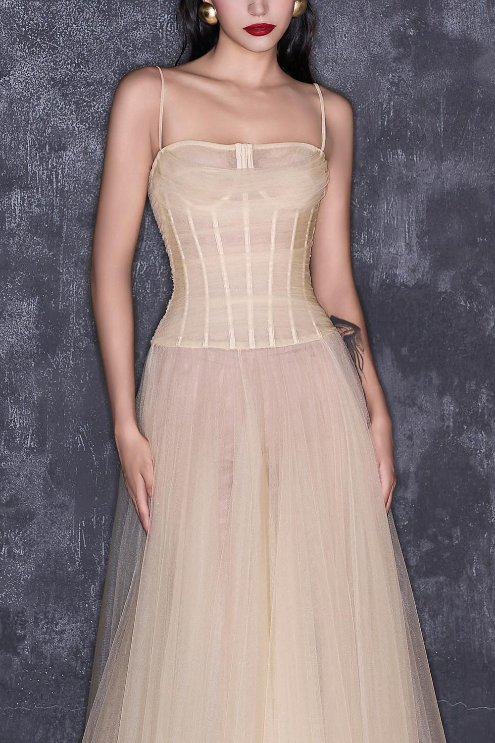 Halo Fit and Flare Spaghetti Strap Mesh Floor Length Dress