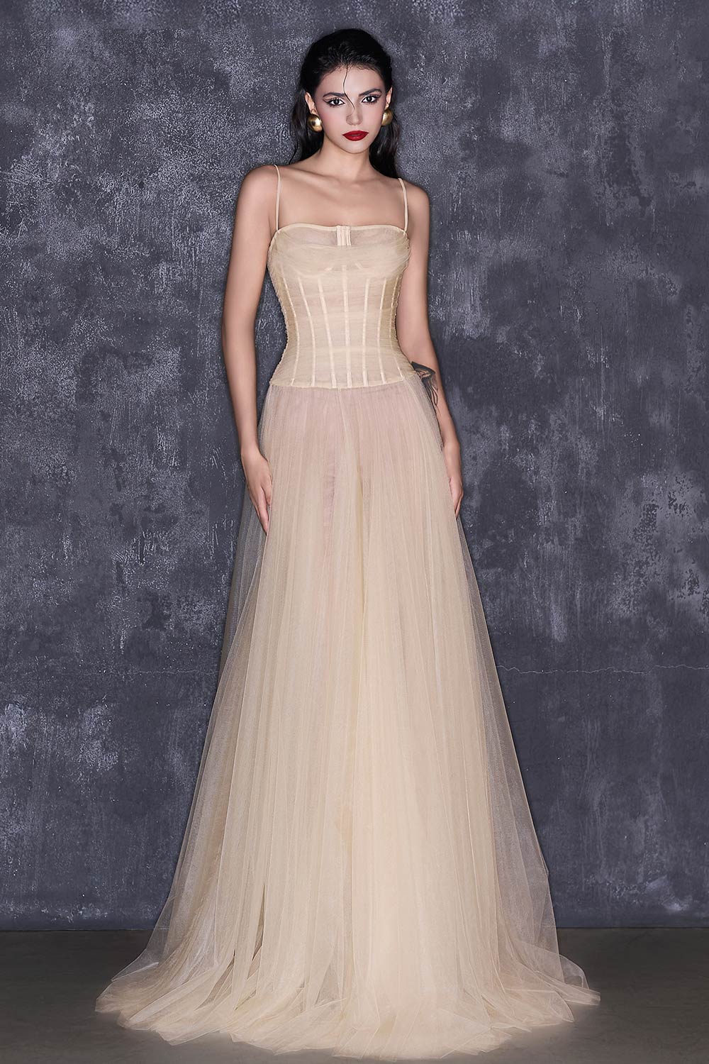 Halo Fit and Flare Spaghetti Strap Mesh Floor Length Dress