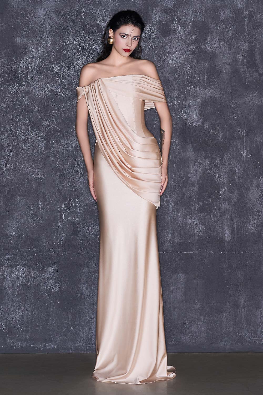 Fernanda Asymmetric Off-Shoulder Spandex Floor Length Dress