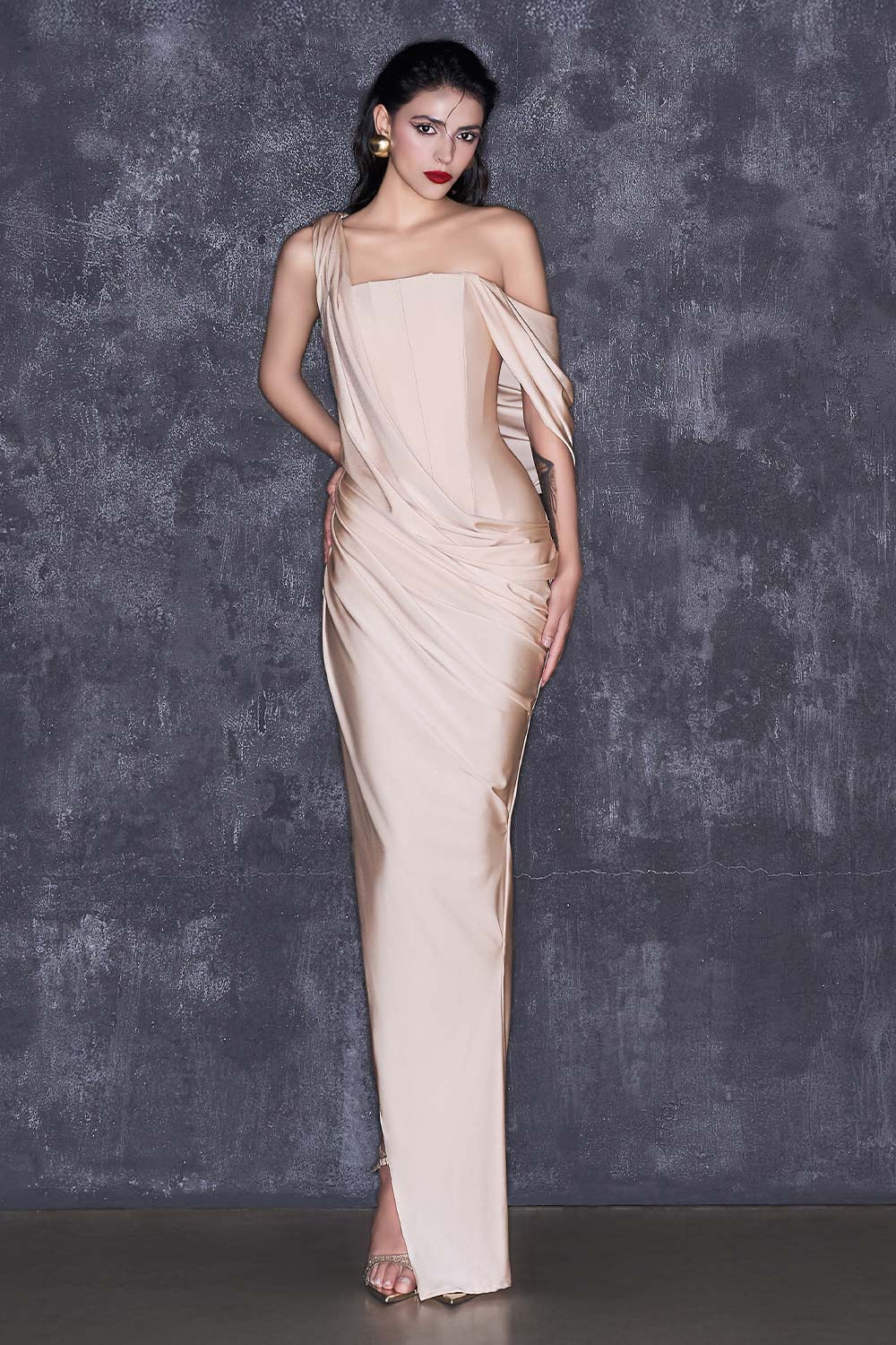 Mavis Bodycon Asymmetric Sleeved Spandex Floor Length Dress