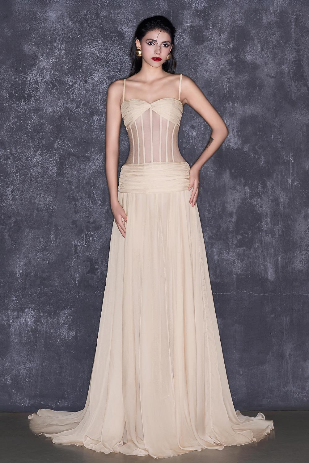 Mckinley Fit and Flare Corset Waist Chiffon Extra Long Length Dress