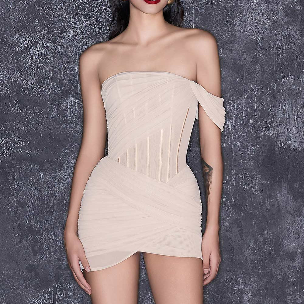 Ada Crossover Asymmetric Sleeved Mesh Spandex Mini Dress