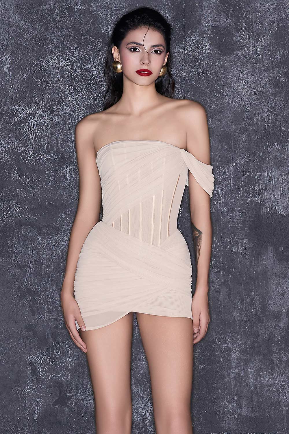 Women's ADA Crossover Asymmetric Sleeved Mesh Spandex Mini Dress XS/S/M/L/Customize Ivory Mean Blvd