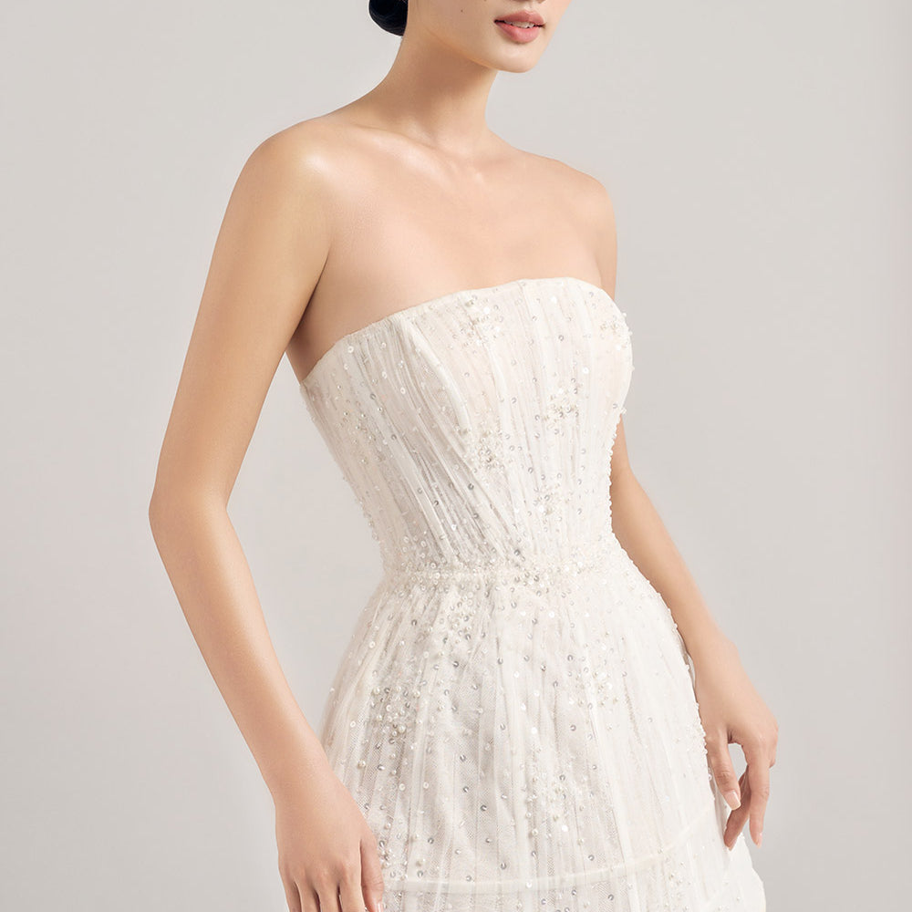 Elyse A-line Straight Across Neck Mesh Lace Mini Dress