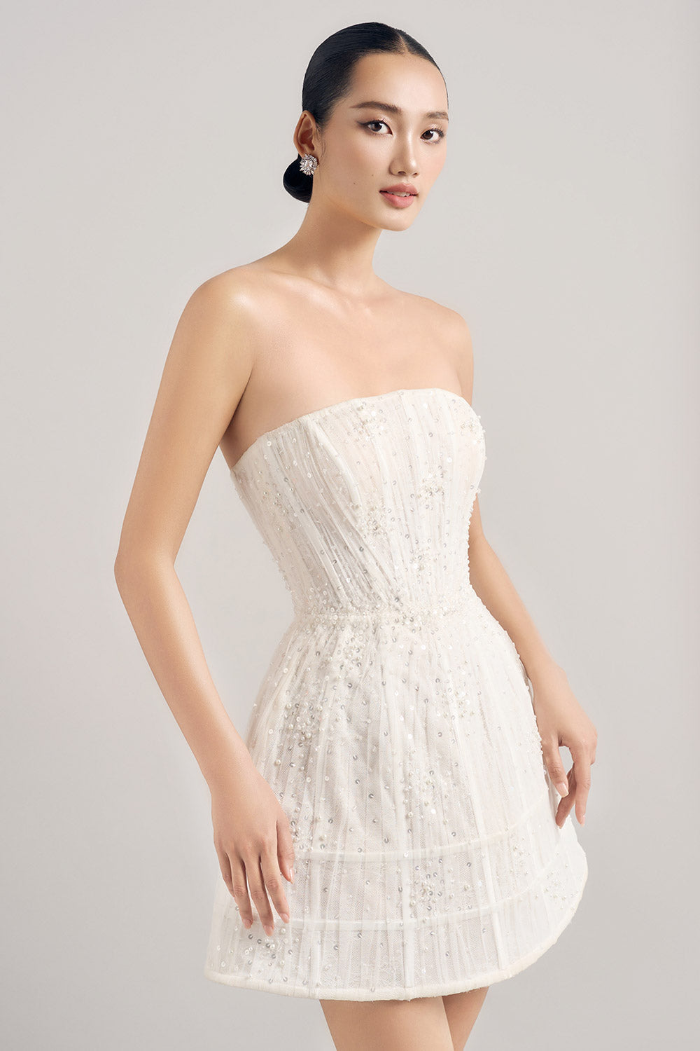 Elyse A-line Straight Across Neck Mesh Lace Mini Dress