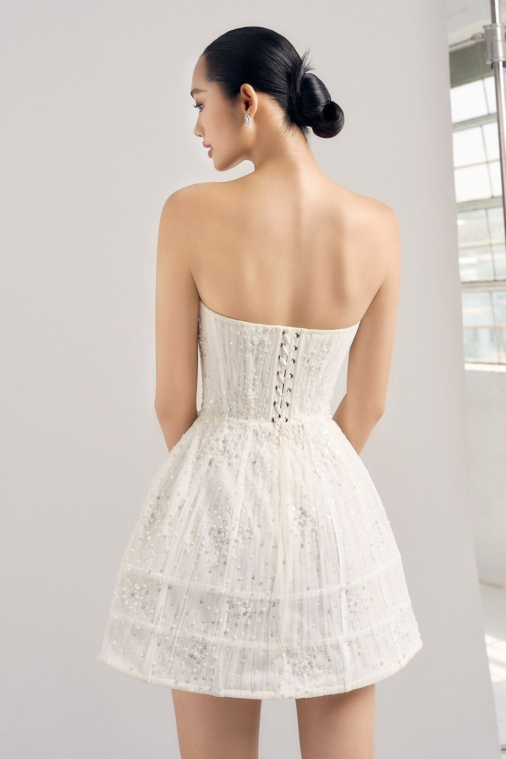 Elyse A-line Straight Across Neck Mesh Lace Mini Dress