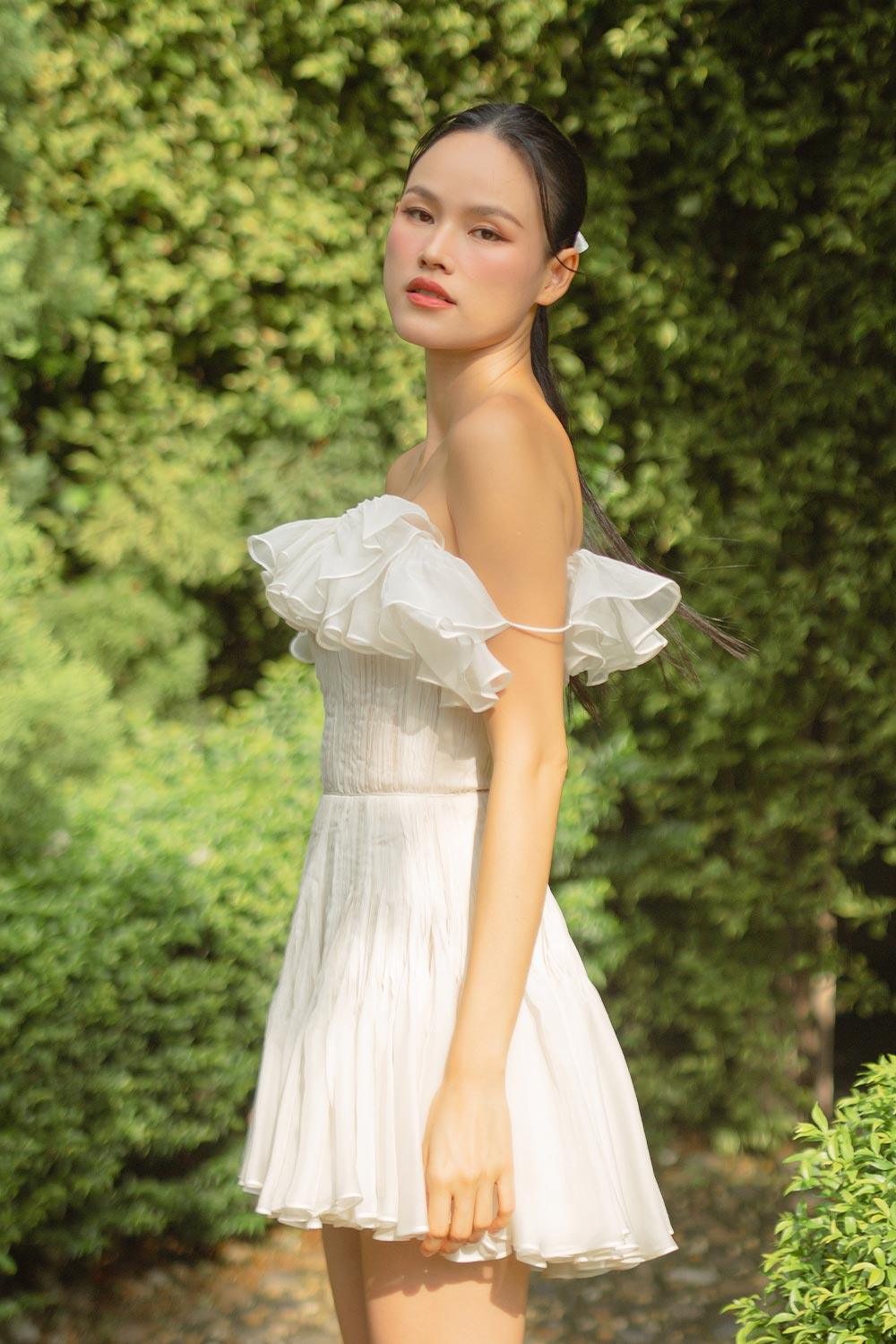 Gianni Fit and Flare Off-Shoulder Organza Voile Mini Dress