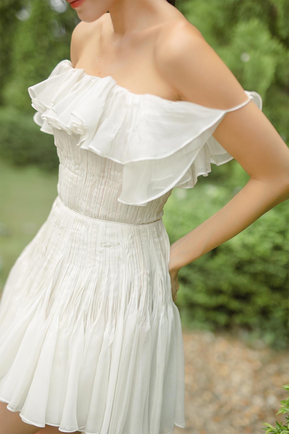 Gianni Fit and Flare Off-Shoulder Organza Voile Mini Dress