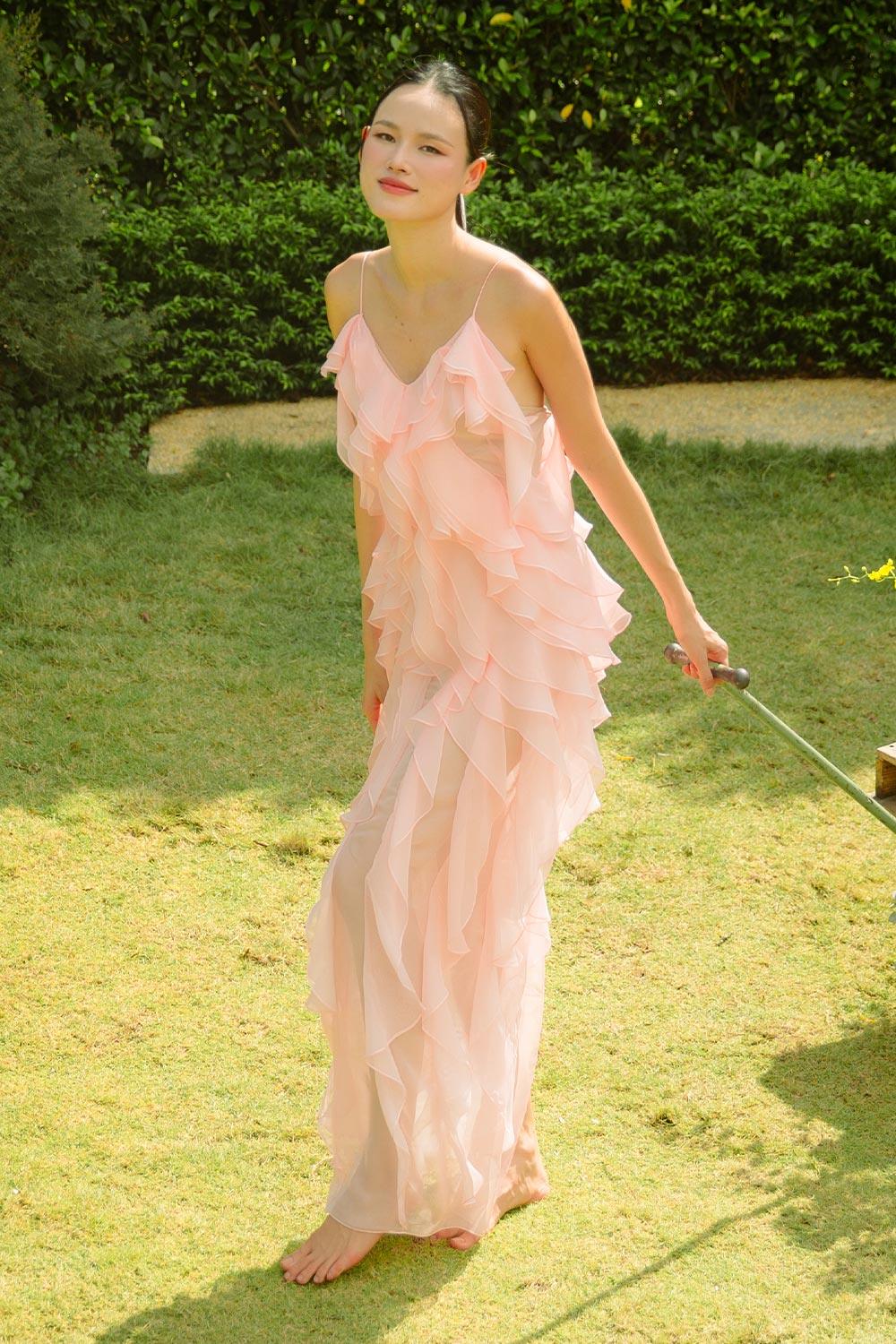 Peony Sheath Sleeveless Organza Voile Floor Length Dress