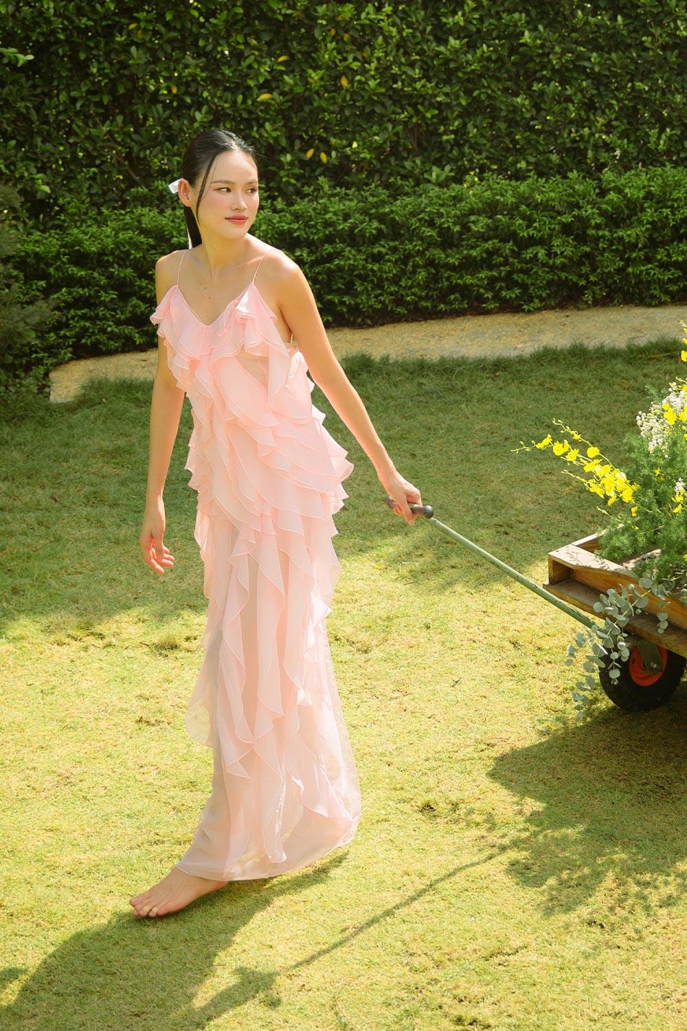 Peony Sheath Sleeveless Organza Voile Floor Length Dress