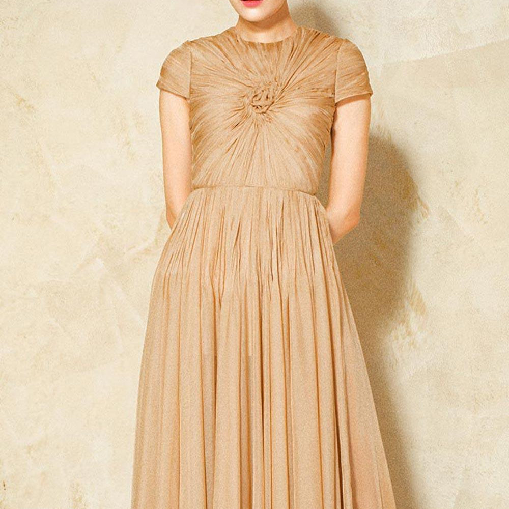 Magnolia Gathered Short Sleeved Organza Voile Ankle Length Dress