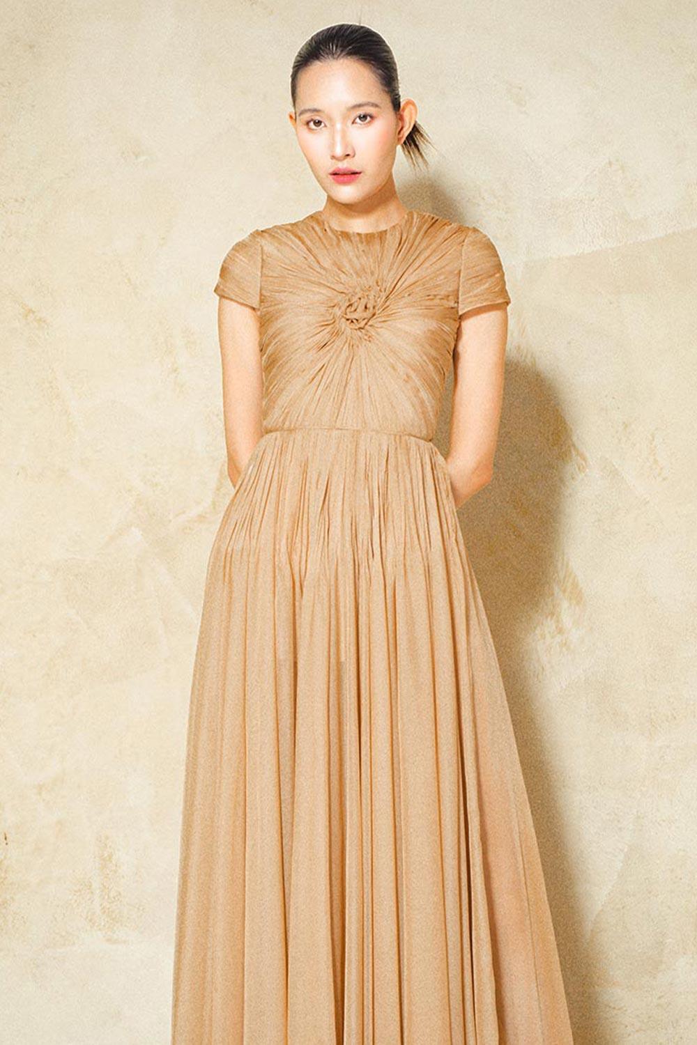 Magnolia Gathered Short Sleeved Organza Voile Ankle Length Dress