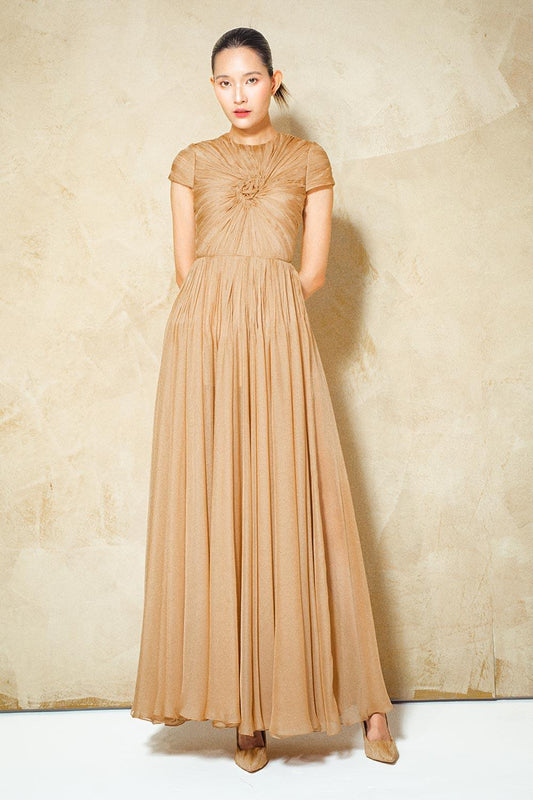 Magnolia Gathered Short Sleeved Organza Voile Ankle Length Dress