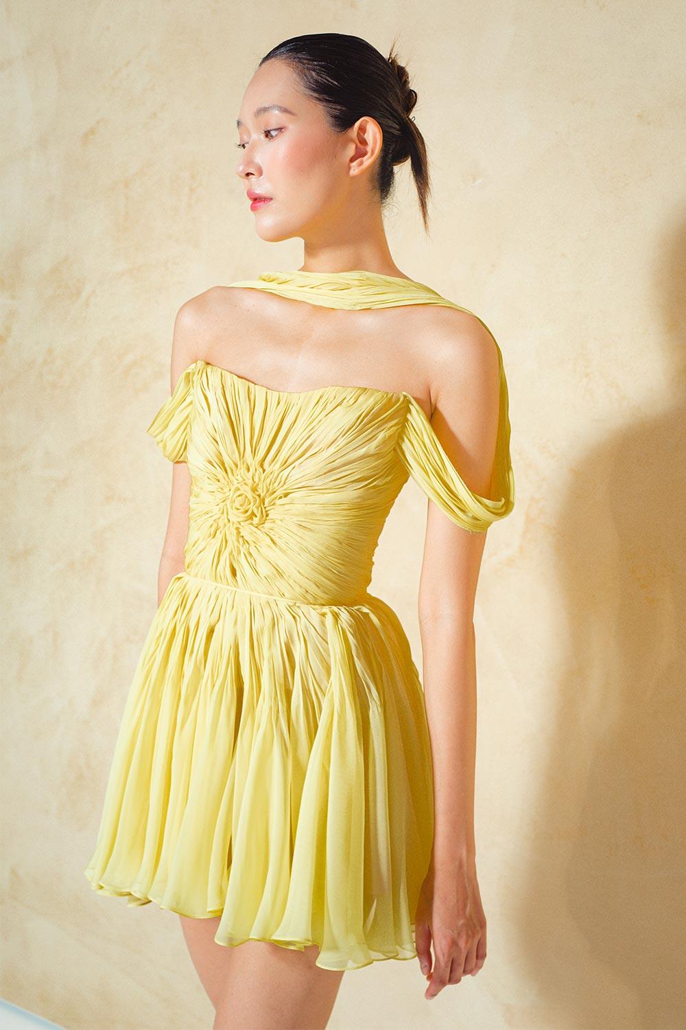 Women's Ranunculus A-Line Gathered Organza Voile Mini Dress Customize Yellow Mean Blvd Women's Ranunculus A-Line Gathered Organza Voile Mini Dress Customize Yellow Mean Blvd