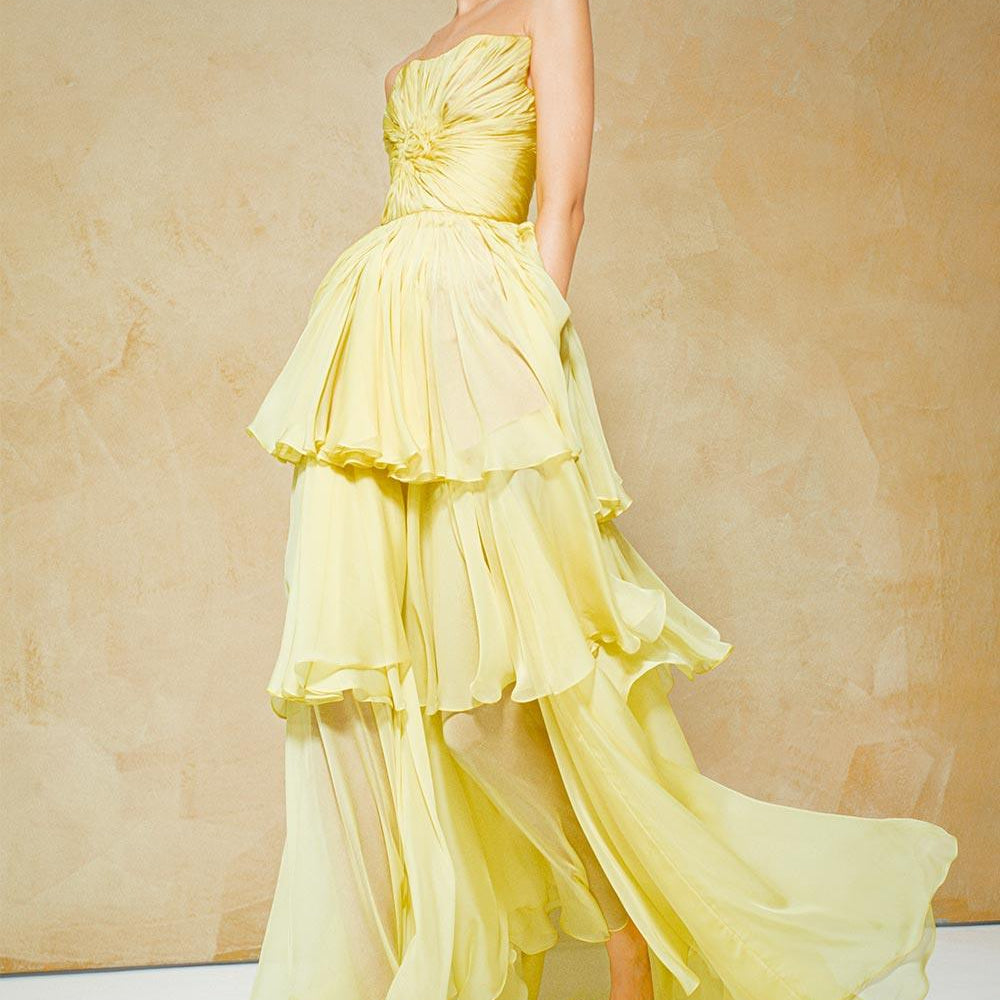 Carnation Layered Twisted Organza Voile Floor Length Dress