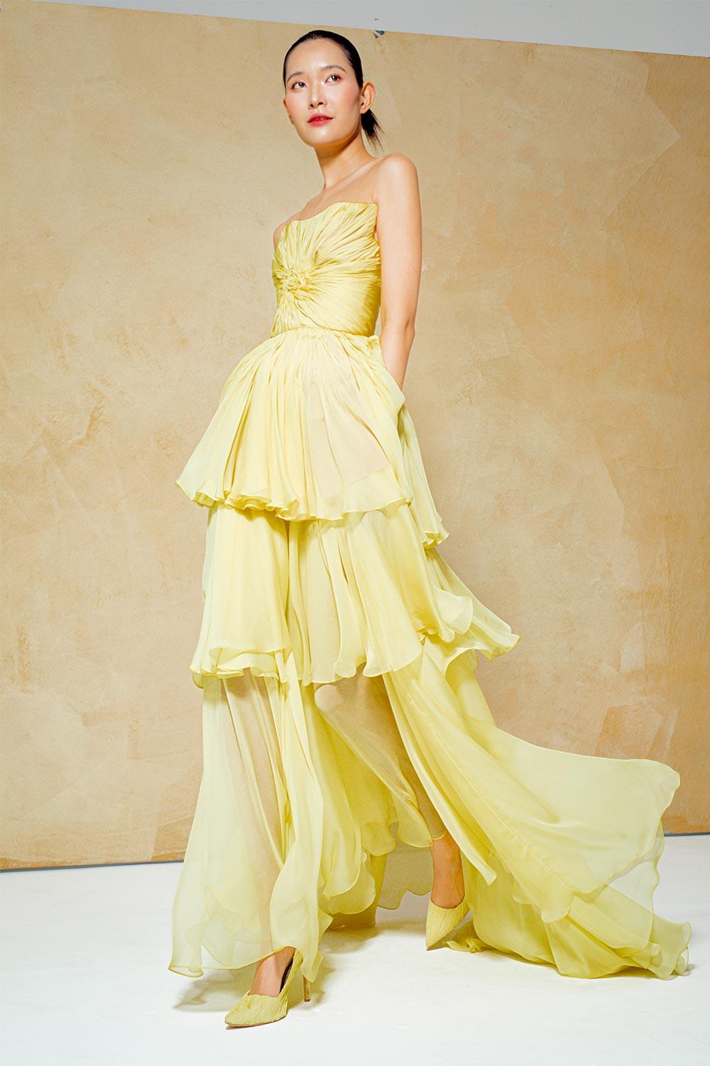Carnation Layered Twisted Organza Voile Floor Length Dress