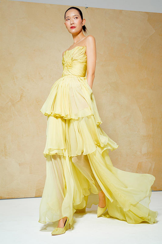 Carnation Layered Twisted Organza Voile Floor Length Dress