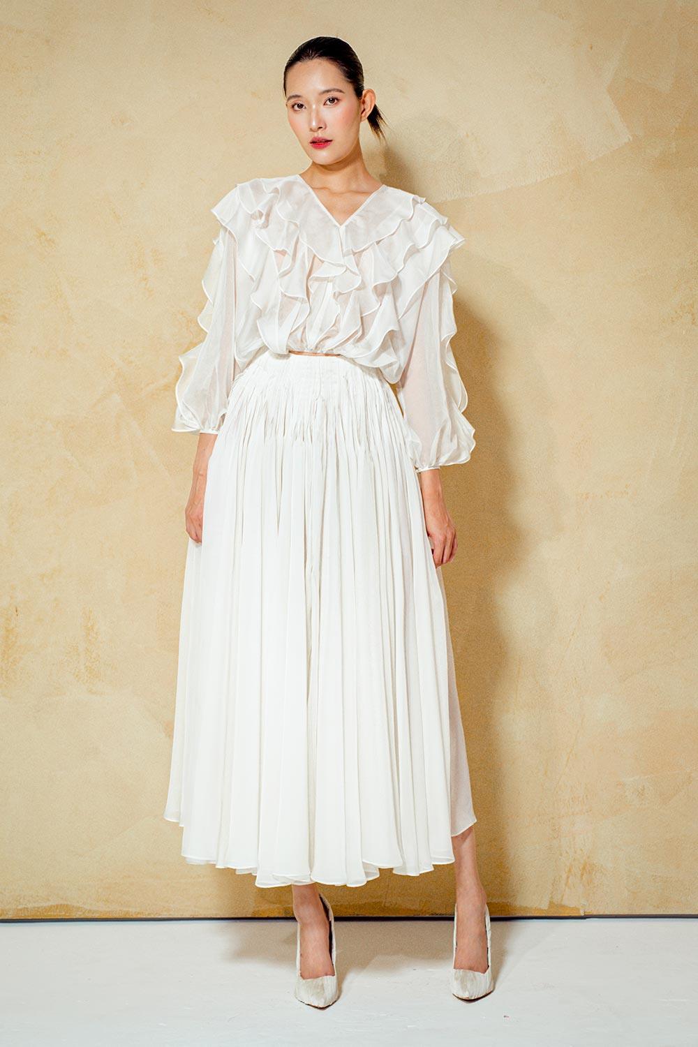 Primrose Blouson V-Neck Organza Voile Midi Dress