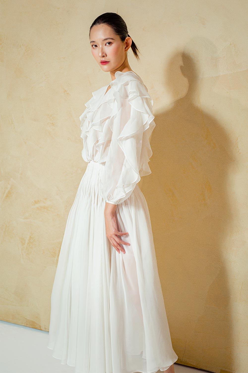 Primrose Blouson V-Neck Organza Voile Midi Dress