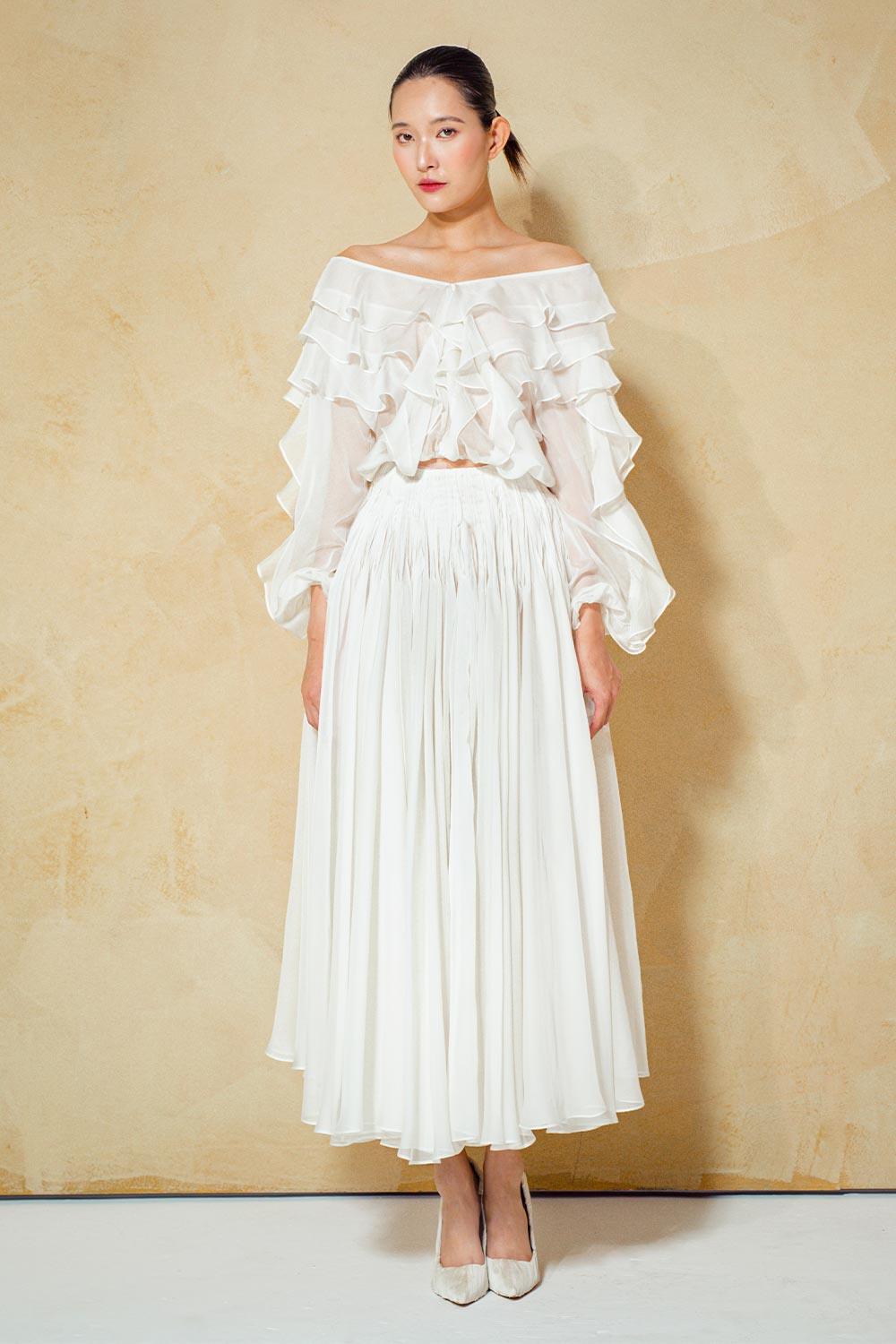 Primrose Blouson V-Neck Organza Voile Midi Dress