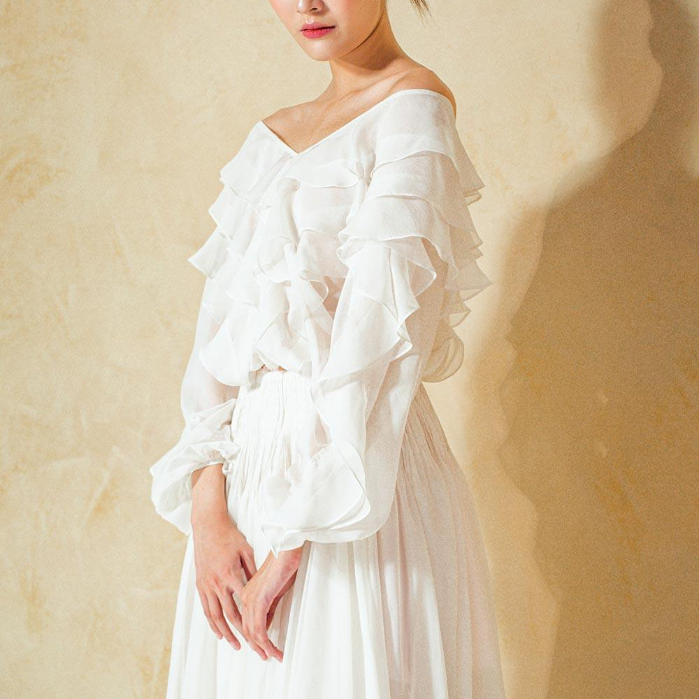 Primrose Blouson V-Neck Organza Voile Midi Dress