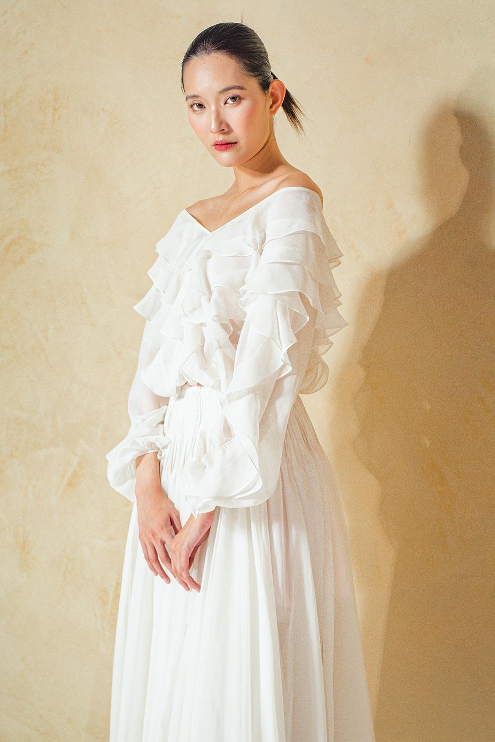 Primrose Blouson V-Neck Organza Voile Midi Dress