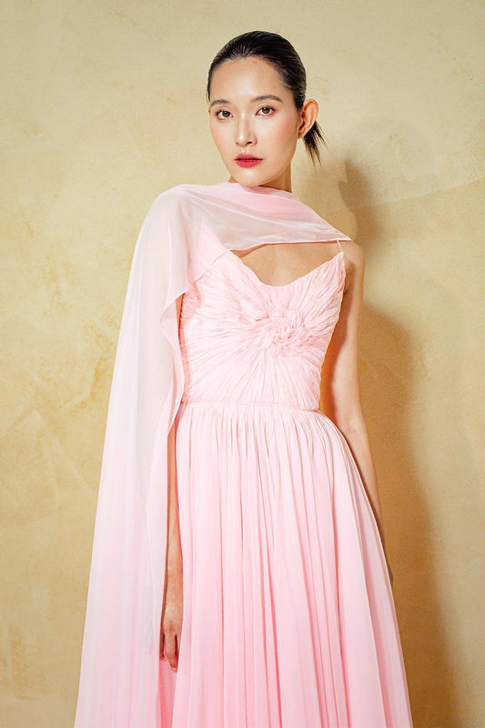 Reyna Gathered Draped Organza Voile Floor Length Dress