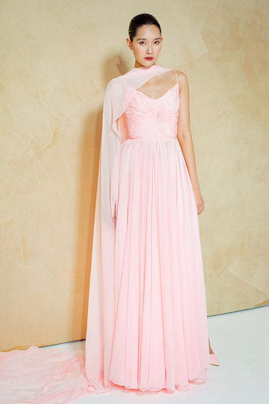 Reyna Gathered Draped Organza Voile Floor Length Dress