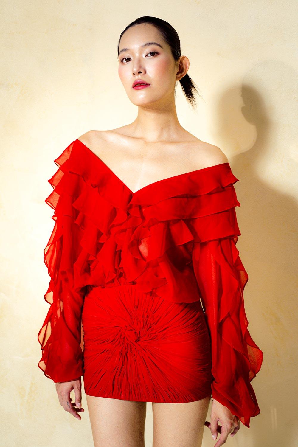 Ashton Blouson Ruffle Layer Organza Voile Mini Dress